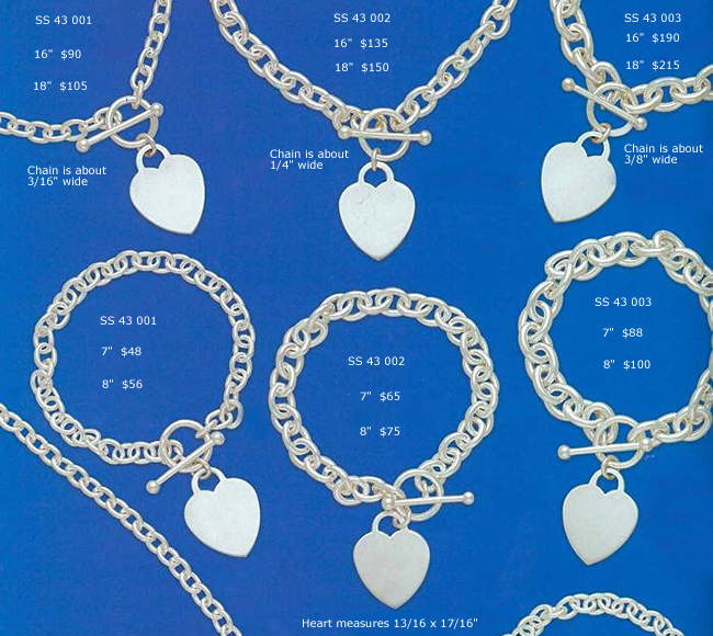 Sterling silver rolo chains with hearts, tiffany style necklaces with hearts, bracelets, rolo link bracelets