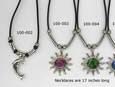 sun necklaces in pink, green and blue. dolphin necklace